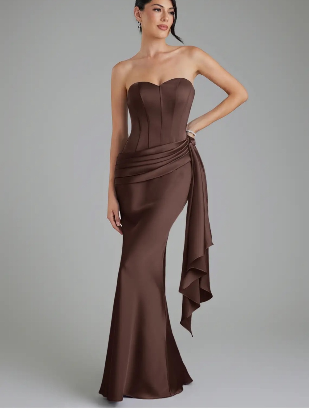 Azazie Strapless Chocolate Brown Satin Stretch Evening Gown